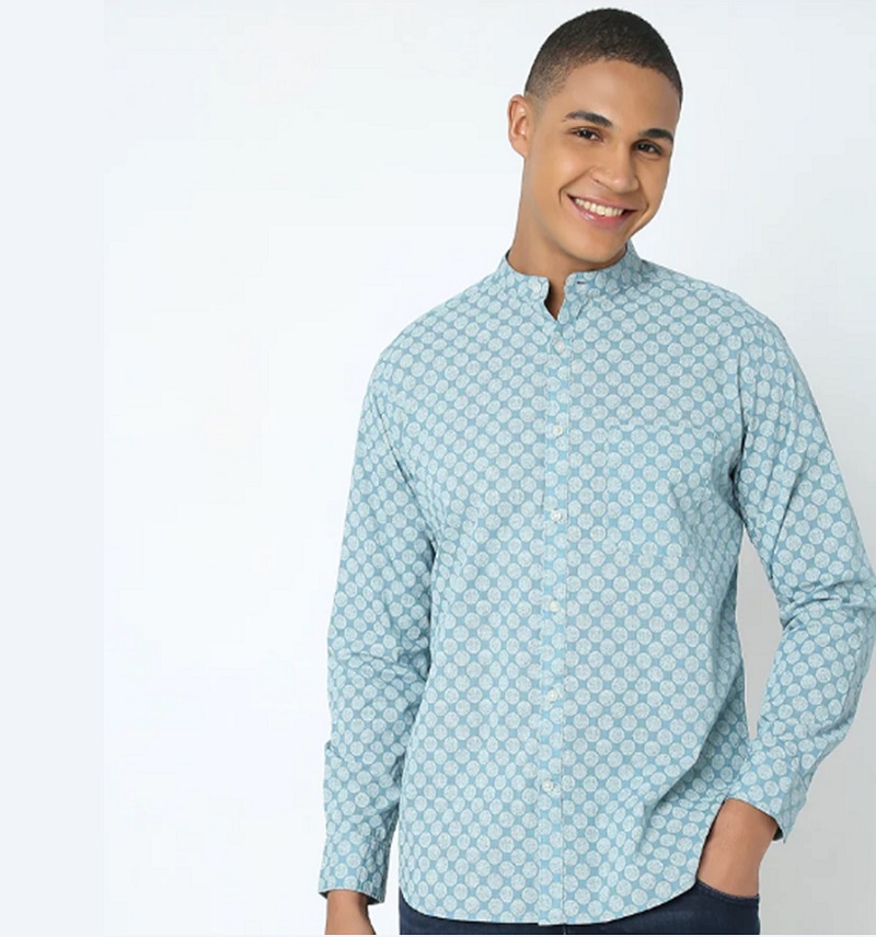 MANDARIN COLLAR REGULAR FIT PRINTED SHIRT (COTTON WOVEN)